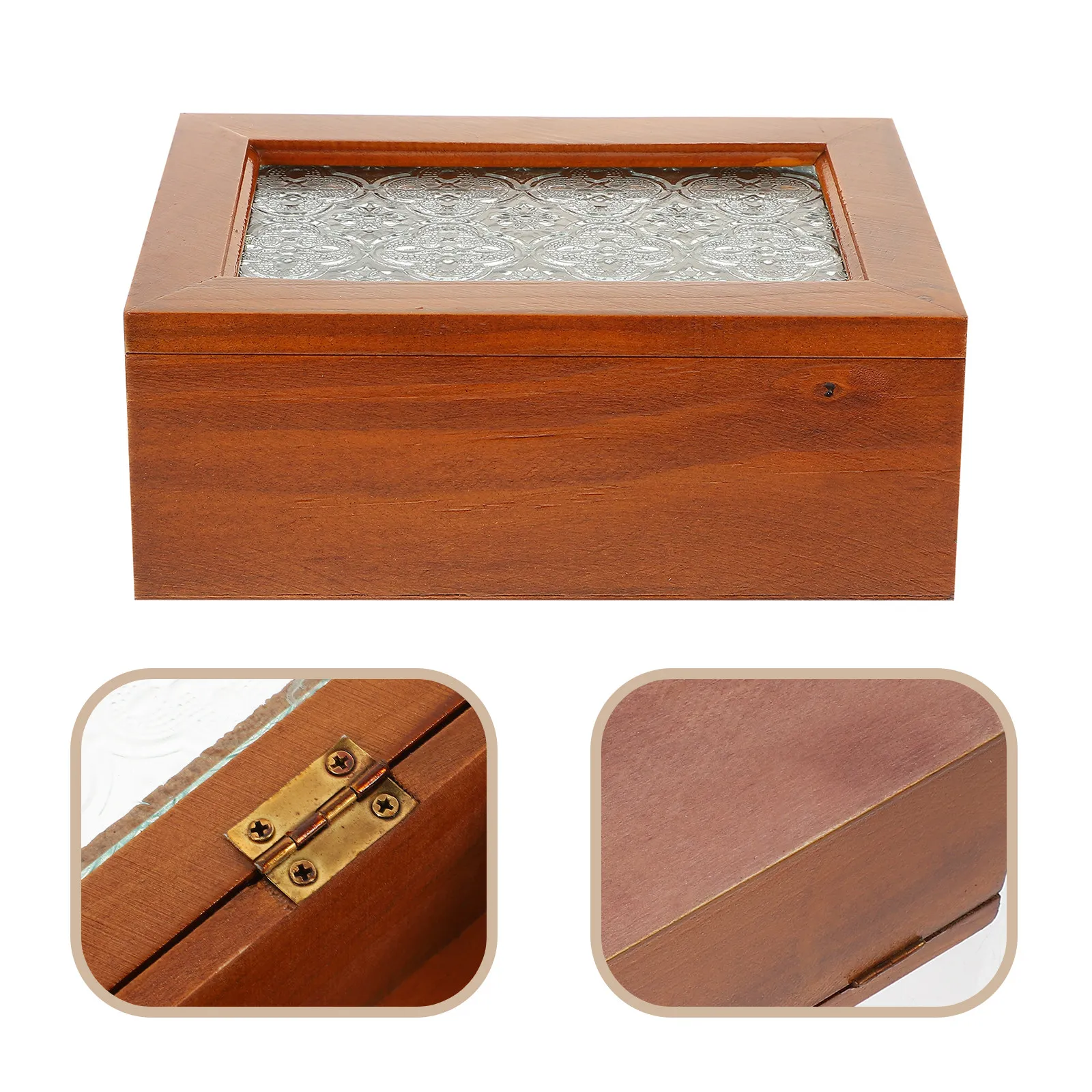 

Vintage Wooden Jewelry Box with Embossed Glass Lid Retro Trinket Storage Case for Earrings Necklaces Bracelets Rings Sundries