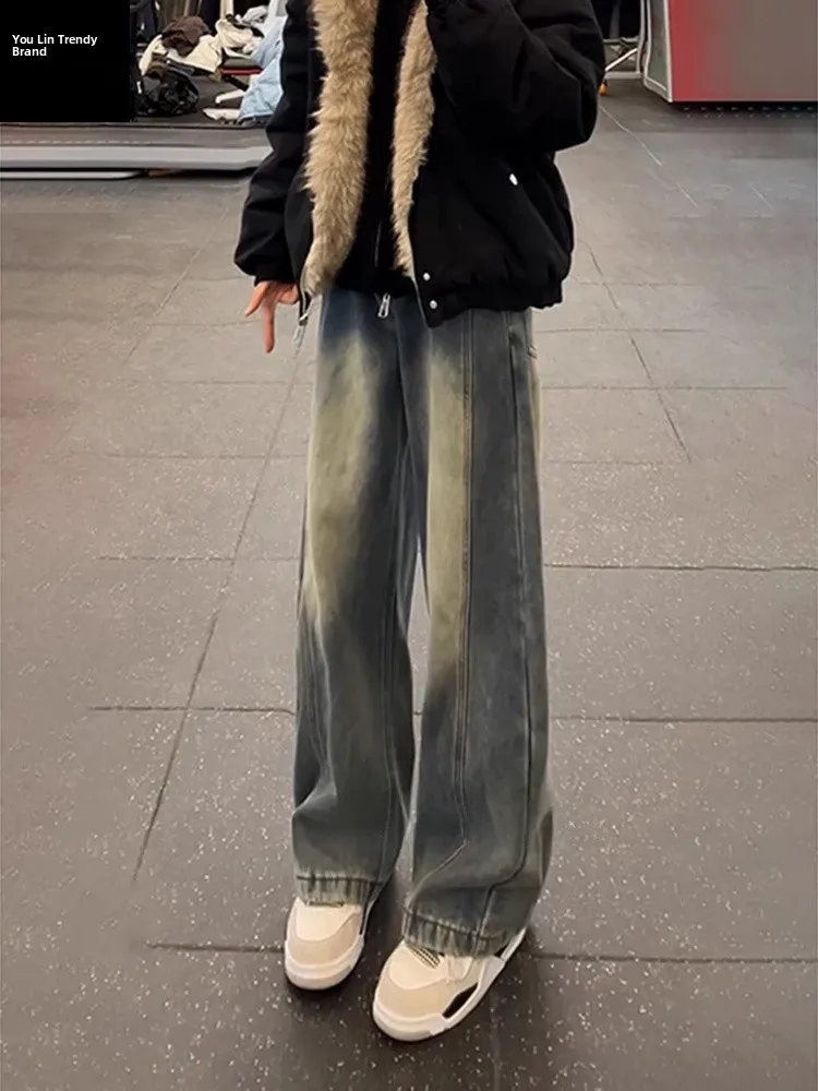 

Retro Blue American Sle Men's Winter Fce Lined A-Line Wide Leg Jeans Knife Micro Flared Pants High Waist Zipper Clo...