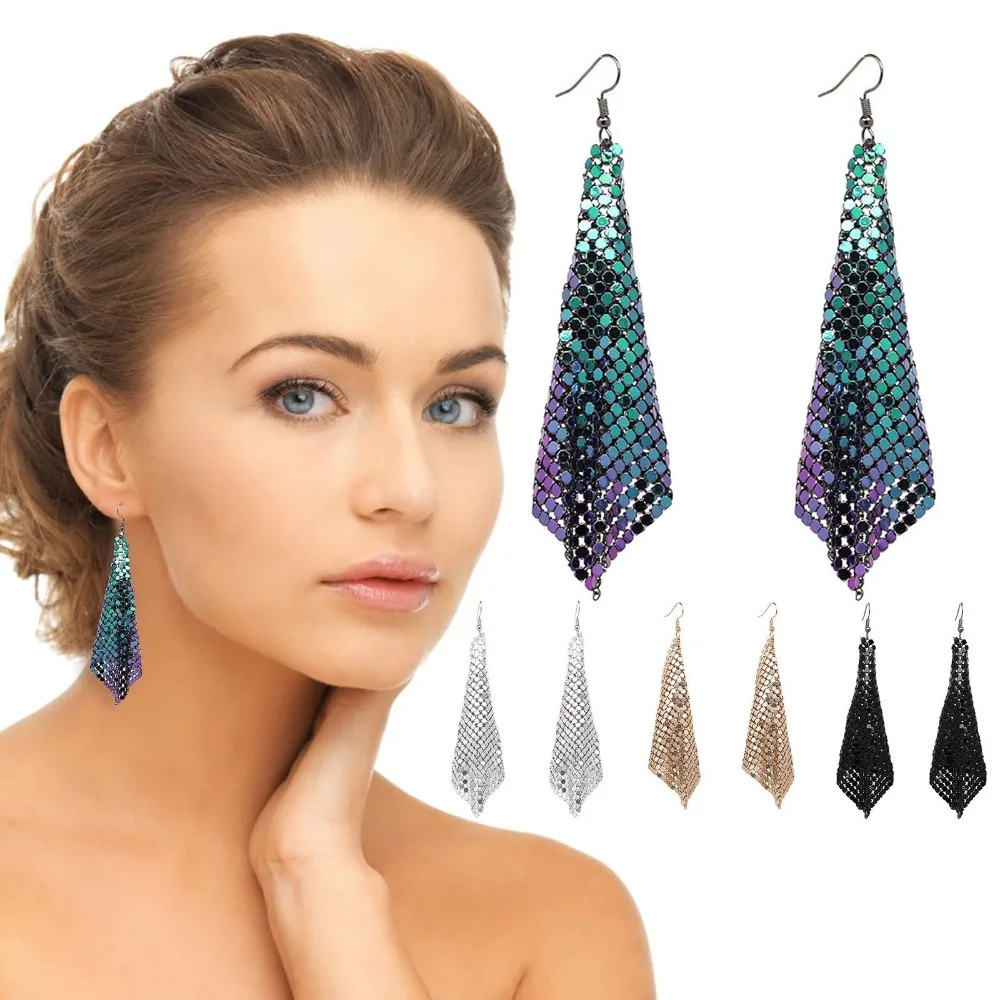 Fashion Trendy Tassel Stud Earrings Metal Mesh Long Stud Earrings Drop Dangle Grid Sequins Hanging Earrings Woman Girls