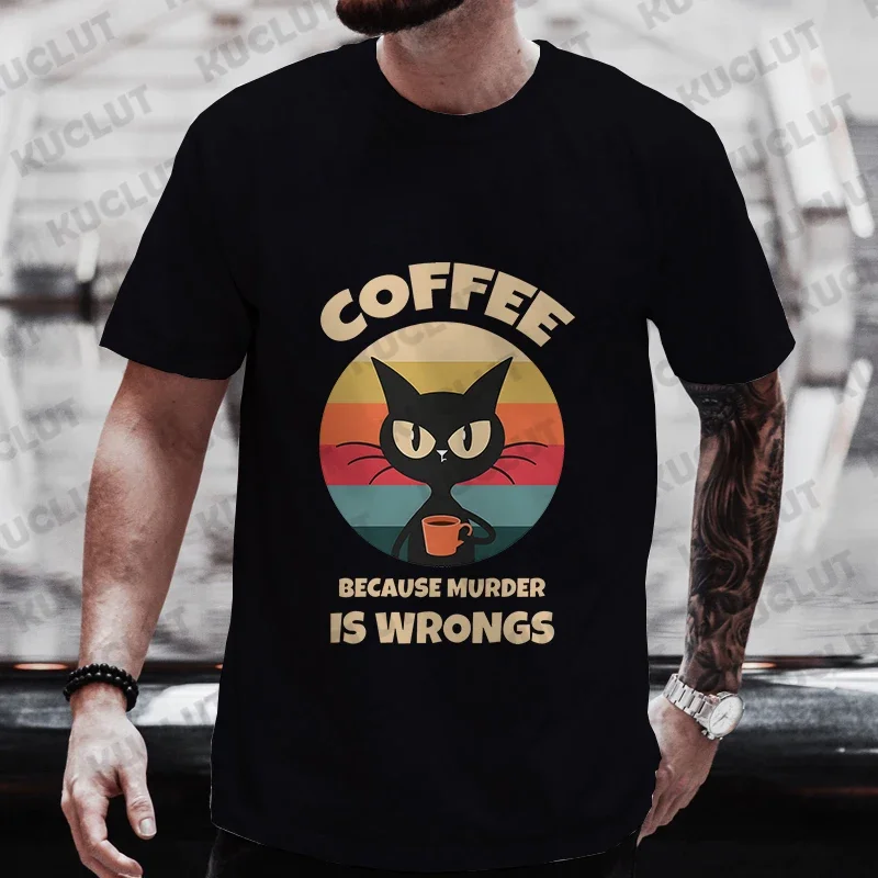Men\'s Street Wear Cat Lover Funny Coffee Because Murder Print T-shirt Short Sleeve O-neck Streetwear Summer T Shirts Men