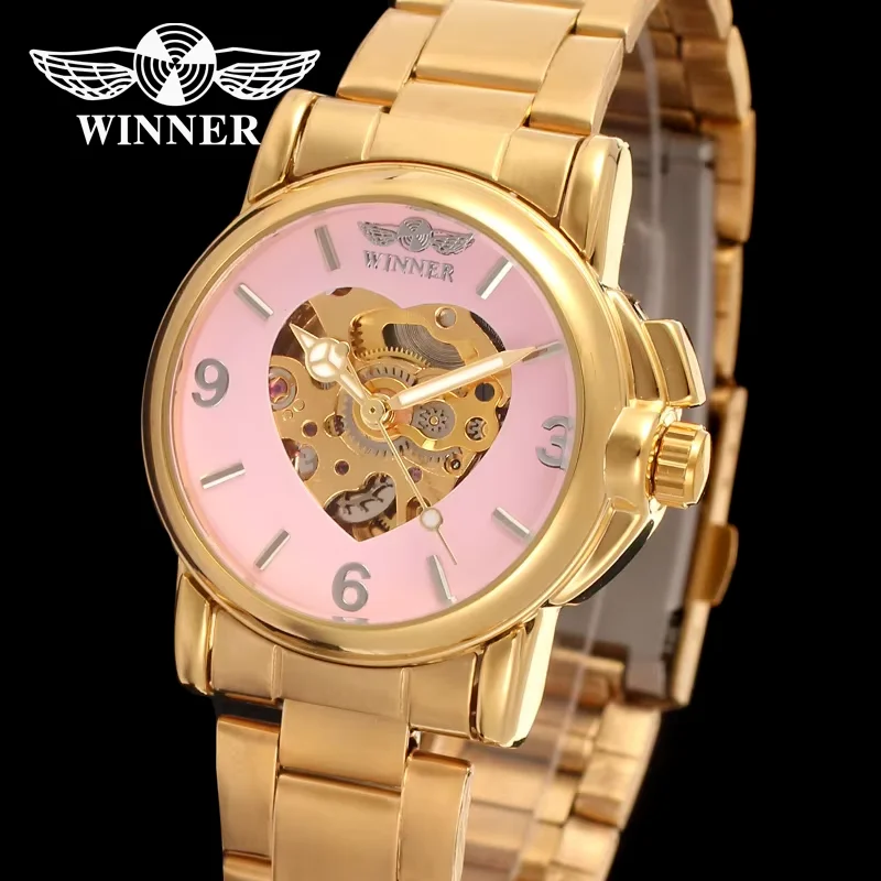 T-winner Automatic Mechanical Gold Hollow Steel Strap Watch Heart-shaped Mechanical Watch for women