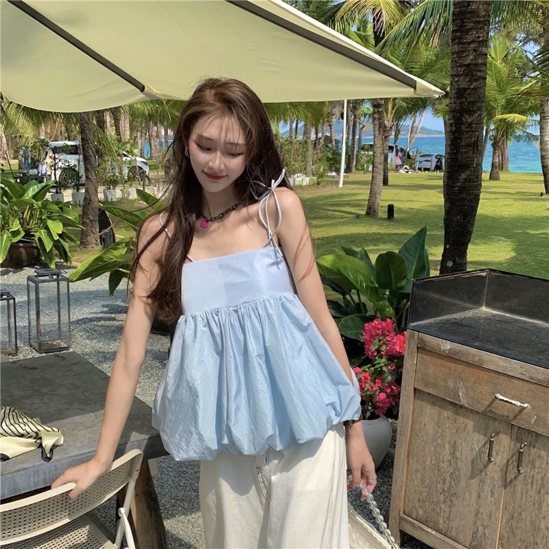 Women Summer Blossom Tops Sweet Sleevless Lace Up Shoulder Straps Pleated Puffy Babydoll Tank Tops Female Solid Color Camis Y2K