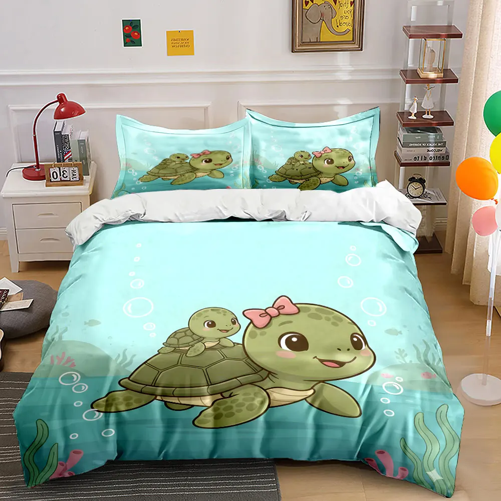 Adorable Turtles in Ocean cartoon Print Bedding Set 1 Duvet Cover 2 Pillowcases for Adult and Children Luxury Gift Full Size