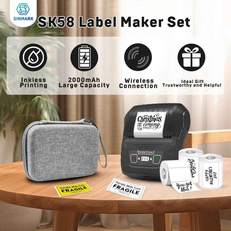 SINMARK SK58 Mini Printer Wireless Thermal Labels Printer Photo Memo Printing Tag Bluetooth USB Cable Portable