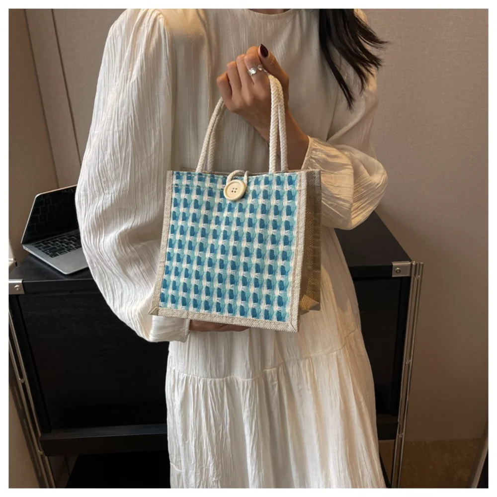 Women Woven Handbag Tote Bag Korean Style Ladies Button Handheld Linen Bag Button/Zipper Handheld Linen Bag Small Shopping Bag