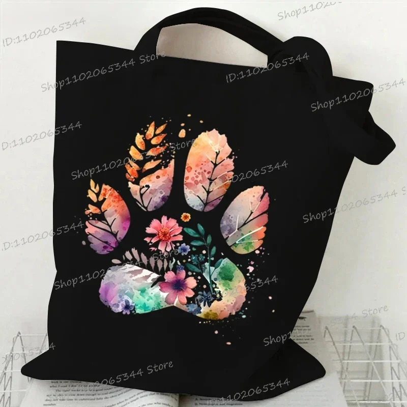 Cartoon Plant Style Dog Paw Canvas Tote Bag Women Men Peace Love Dogs Pattern Handbags Fashion Casual Dogs Lover Shoulder Bag