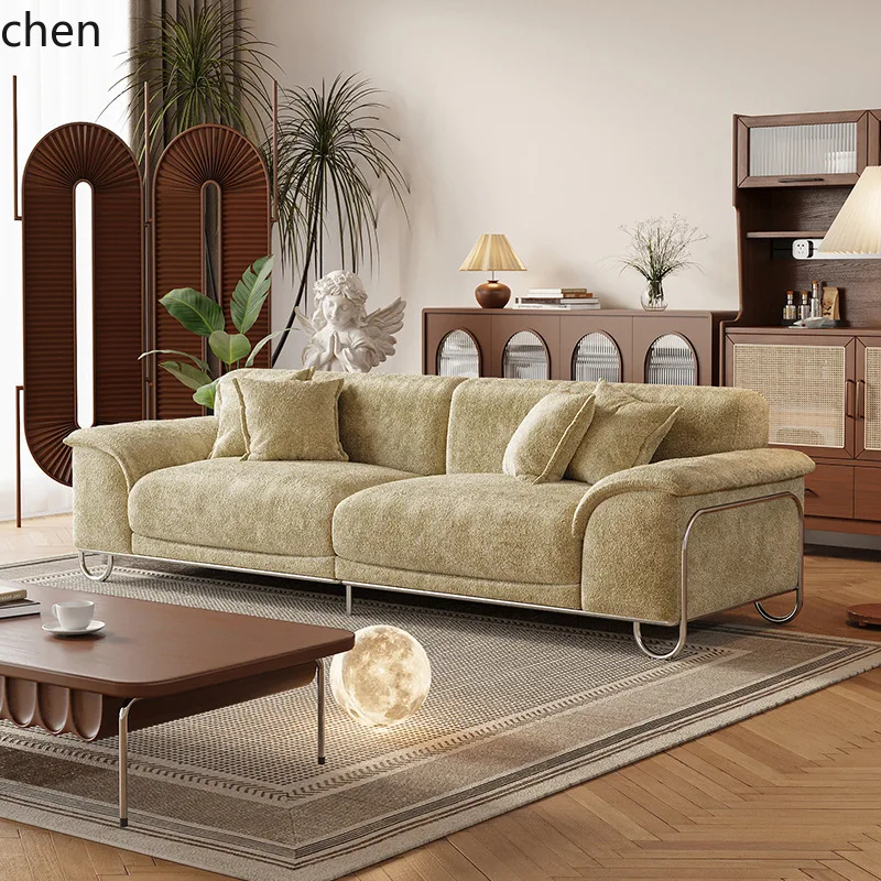 HT Retro Chenille Fabric Sofa Three-Seater Sofa Living Room Straight Row Vintage Style Living Room