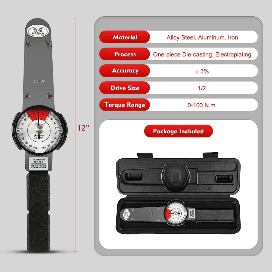 0-100 Nm High Precision Dial Indicator Torque Wrench Indicating Torque-meter 1/2\