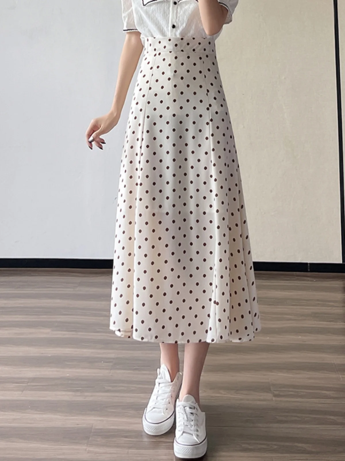 

Новая весенняя женская юбка миди А-силуэта с завышенной талией, в горошек, для офиса, с эффектом похудения, расклешенная, из полиэстера