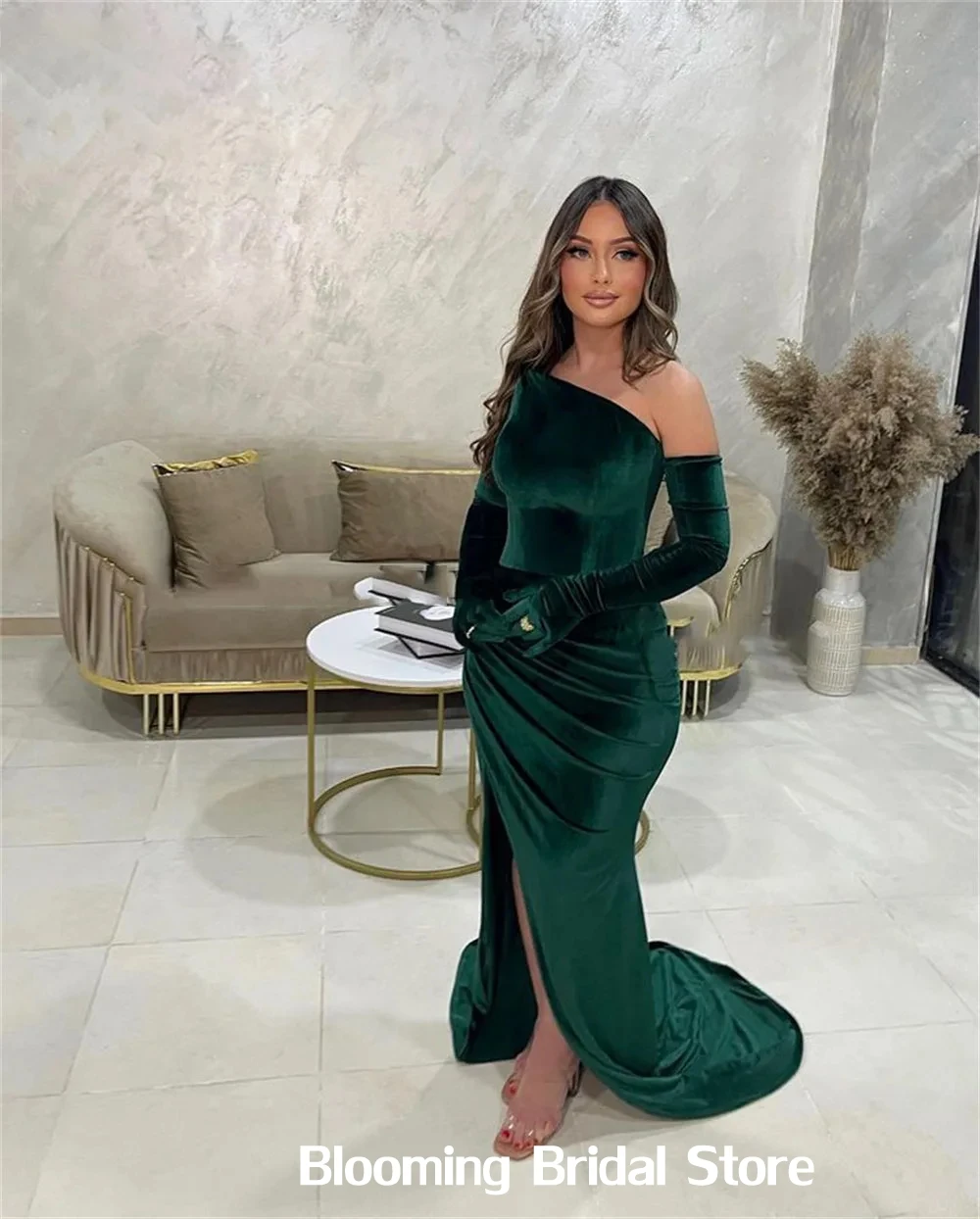 Emerald Green Long Sleeves One Shoulder Pleated Long Gown Trumpet Side Slit Formal Evening Dresses