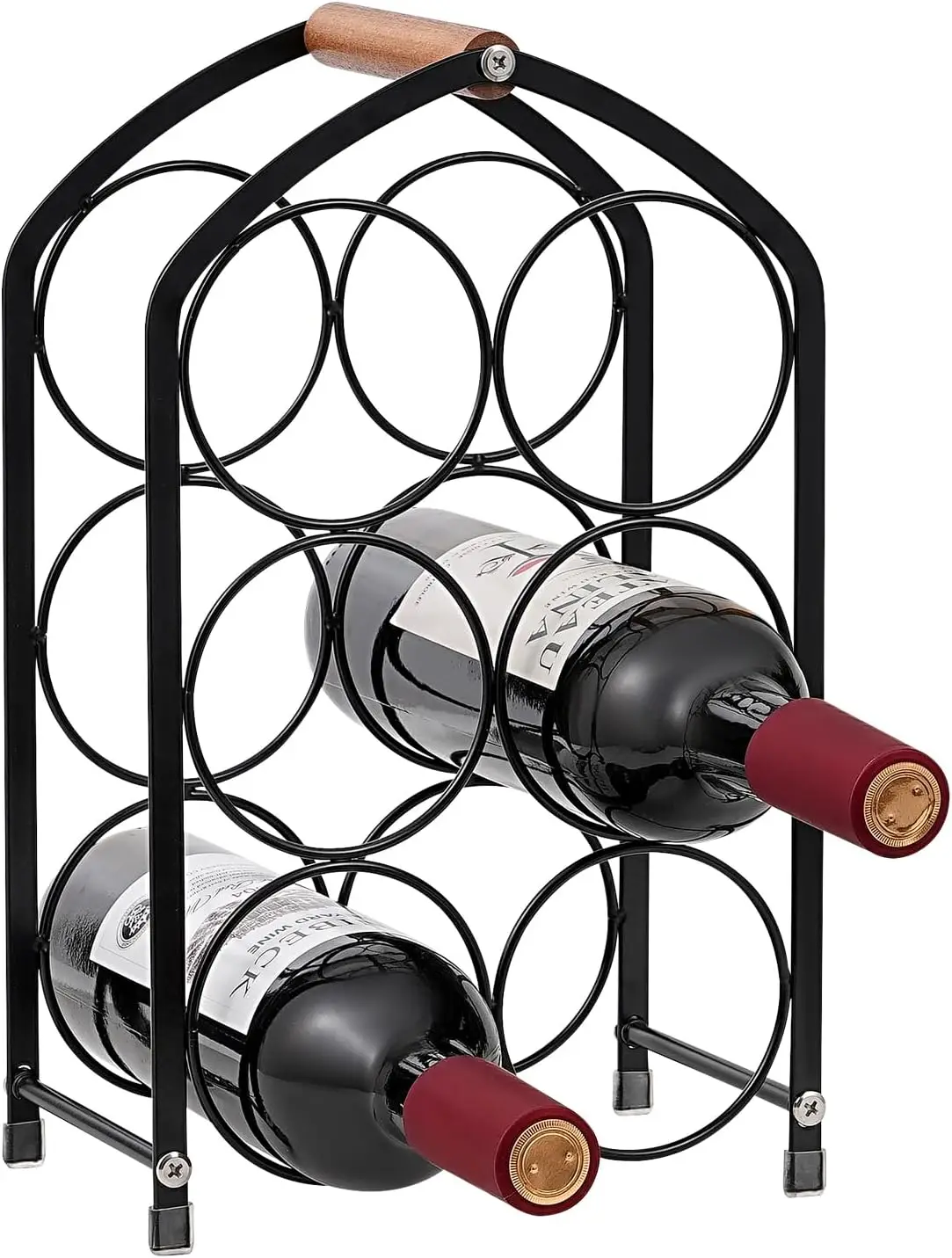 

Modern Arched 6-Bottle Metal Wine Rack with Wood Handle, Easy Assembly for Cabinet, Bar & Kitchen in Black