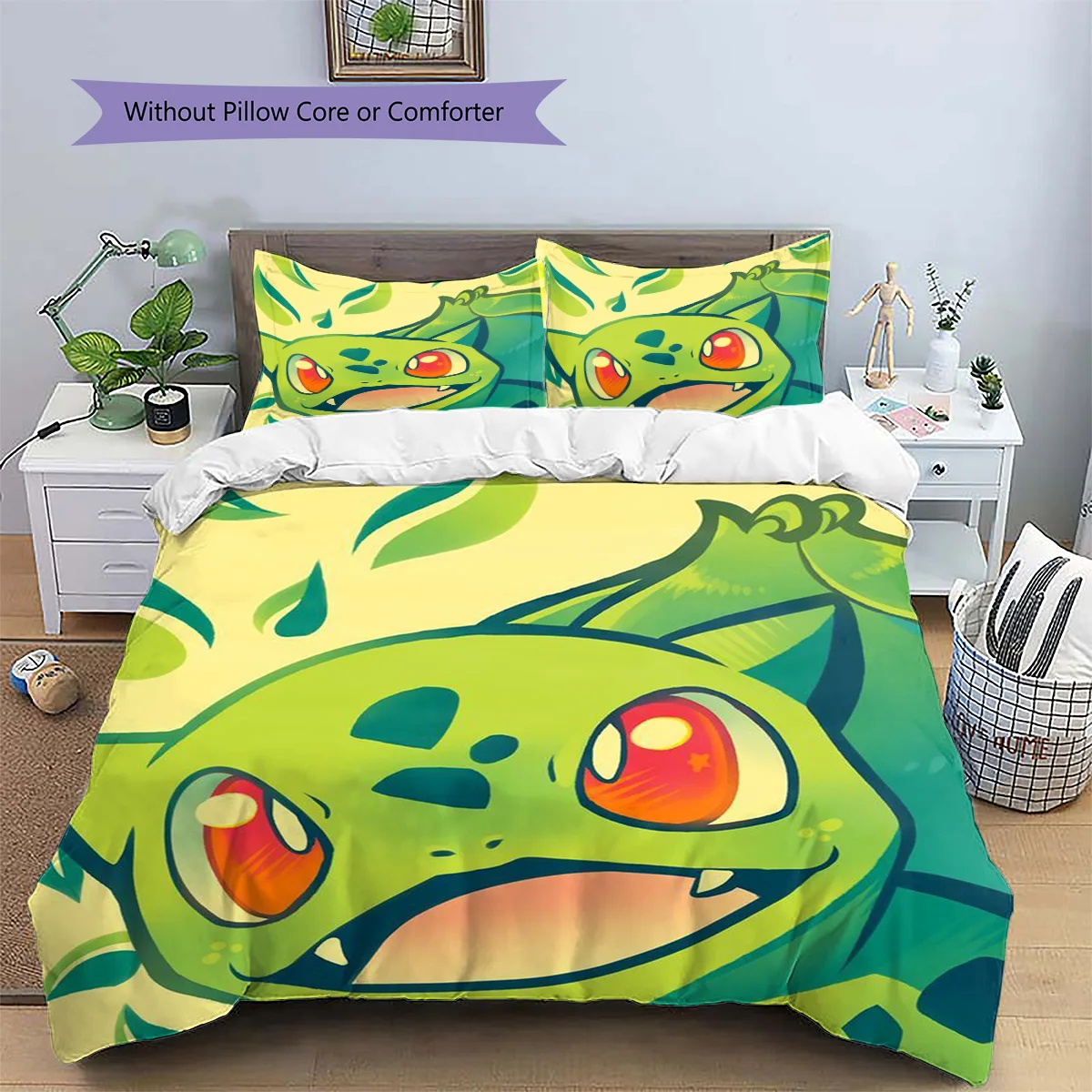 Bulbasaur Patterned Pillowcase & Duvet Cover Set Cozy Bedroom Bedding Daily Gift for Anime Enthusiasts.-TING