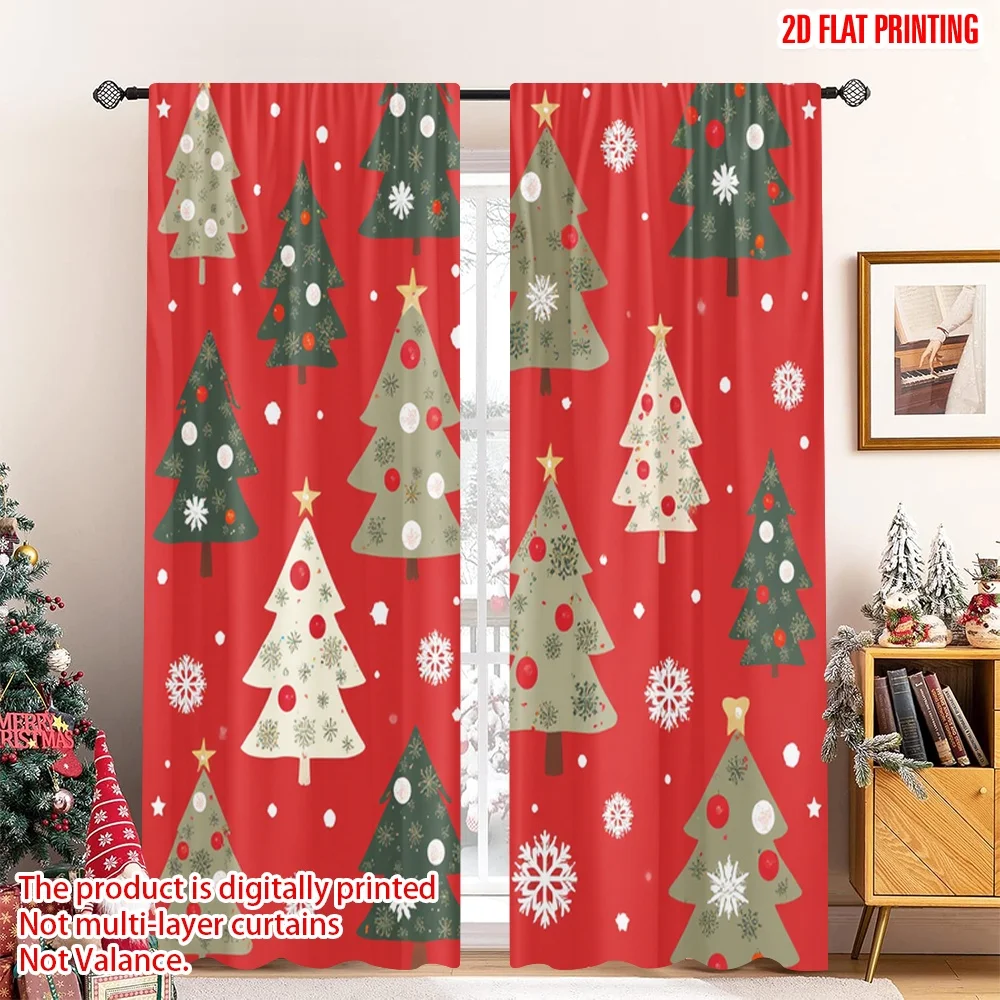 

2pcs 2D flat printing Merry Christmas Scene Curtains Christmas Trees Snowflakes Ornaments Polyester Without Electricity Family