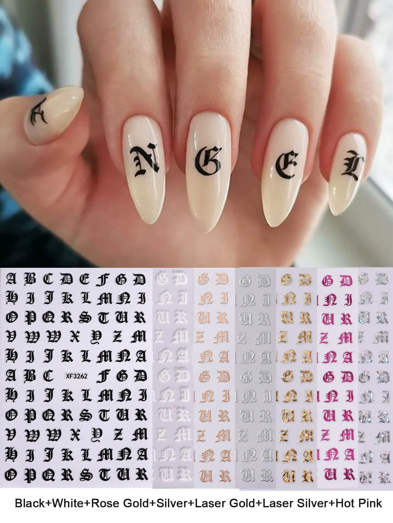 

4pcs Set of English Letter Nail Art Stickers in White, Black, Gold & Silver. 3D Nail Decals for DIY Nail Art Decorations. Essential Nail Supplies.