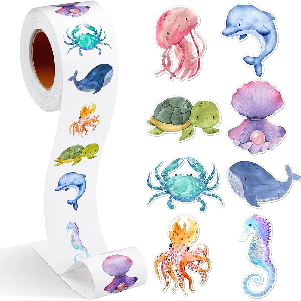 

500pcs/roll Kawaii Cartoon Marine Animal Stickers Cute Graffiti Sticker for Kids Toy Scrapbook Luggage Phone Sealing Decals Pack