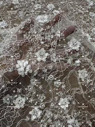 Off White Chantilly Lace Base Embroidery Flower Lace Fabric French Bridal Wedding Gown Dress Lace Fabric Material