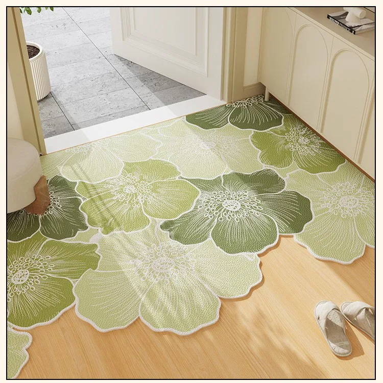 VIKAMA Tapis d'entrée vert à motifs floraux, tapis de couloir à bords ondulés, durable, résistant aux taches, style naturel frais, décoration intérieure
