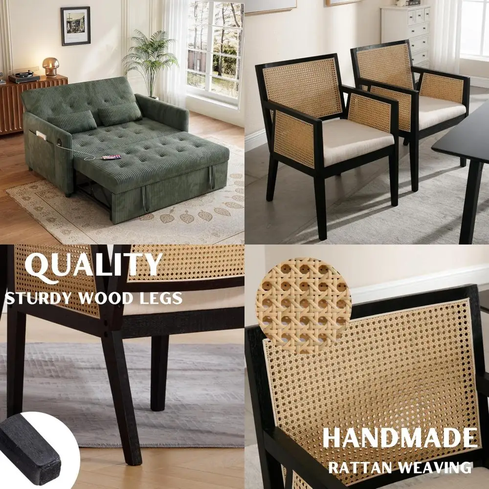 Moderne Rattan-Esszimmerstühle aus der Mitte des Jahrhunderts, 2er-Set, Gestell aus schwarzem Holz, beige Leinen gepolstert, Design mit Rohrrrrückseite für das Esszimmer