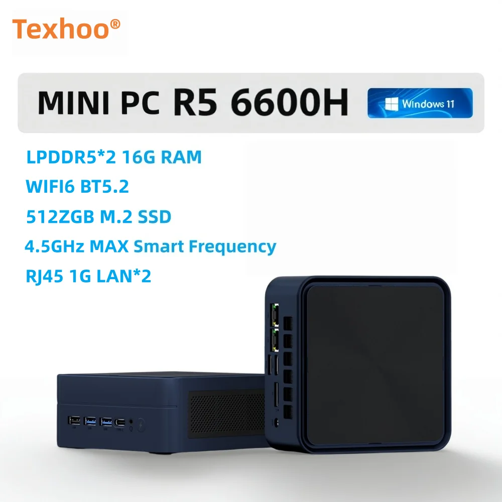 Texhoo MINI PC NUCBOX AMD Ryzen5 6600H LPDDR5 16GB RAM 256G M.2 NVME WIFI6 BT5.2 Portable MINI-PC Windows 11 Desktop Computer
