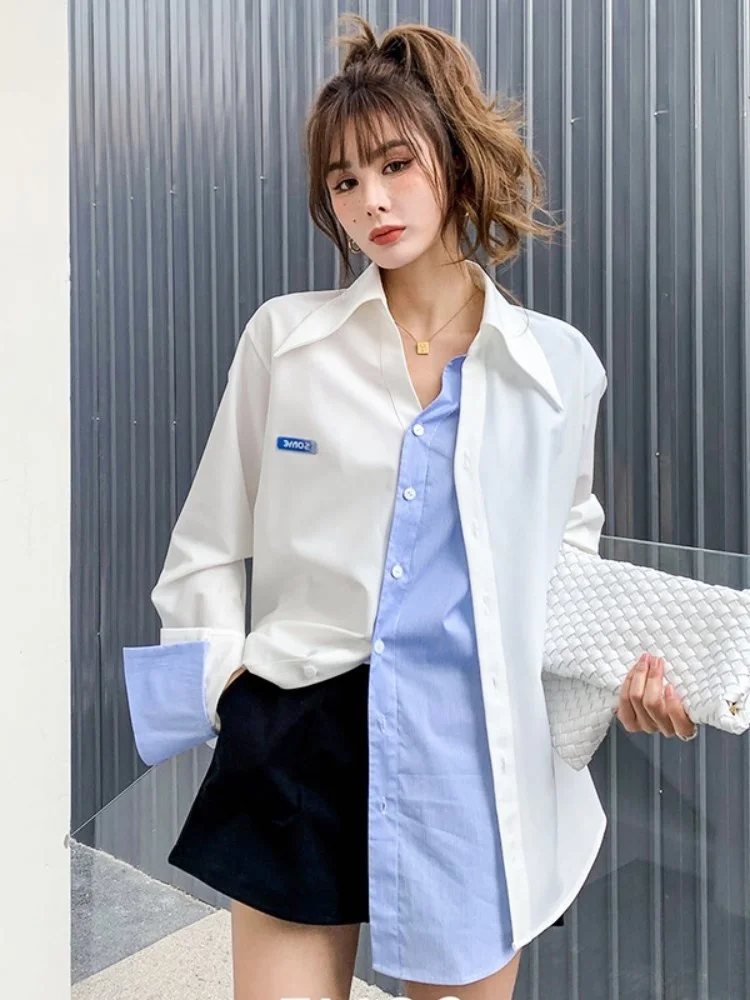 

French blue and white patchwork fake two-piece shirt Women's loose design sense Small casual shirt High level sense unique