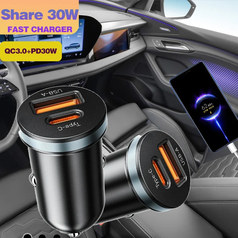 

60W 2 Port Mini Car Charger with PD30W/QC3.0 /QC4.0/AFC/PPS Super Fast Charging USB car Cigarette Lighter Adapter for phones