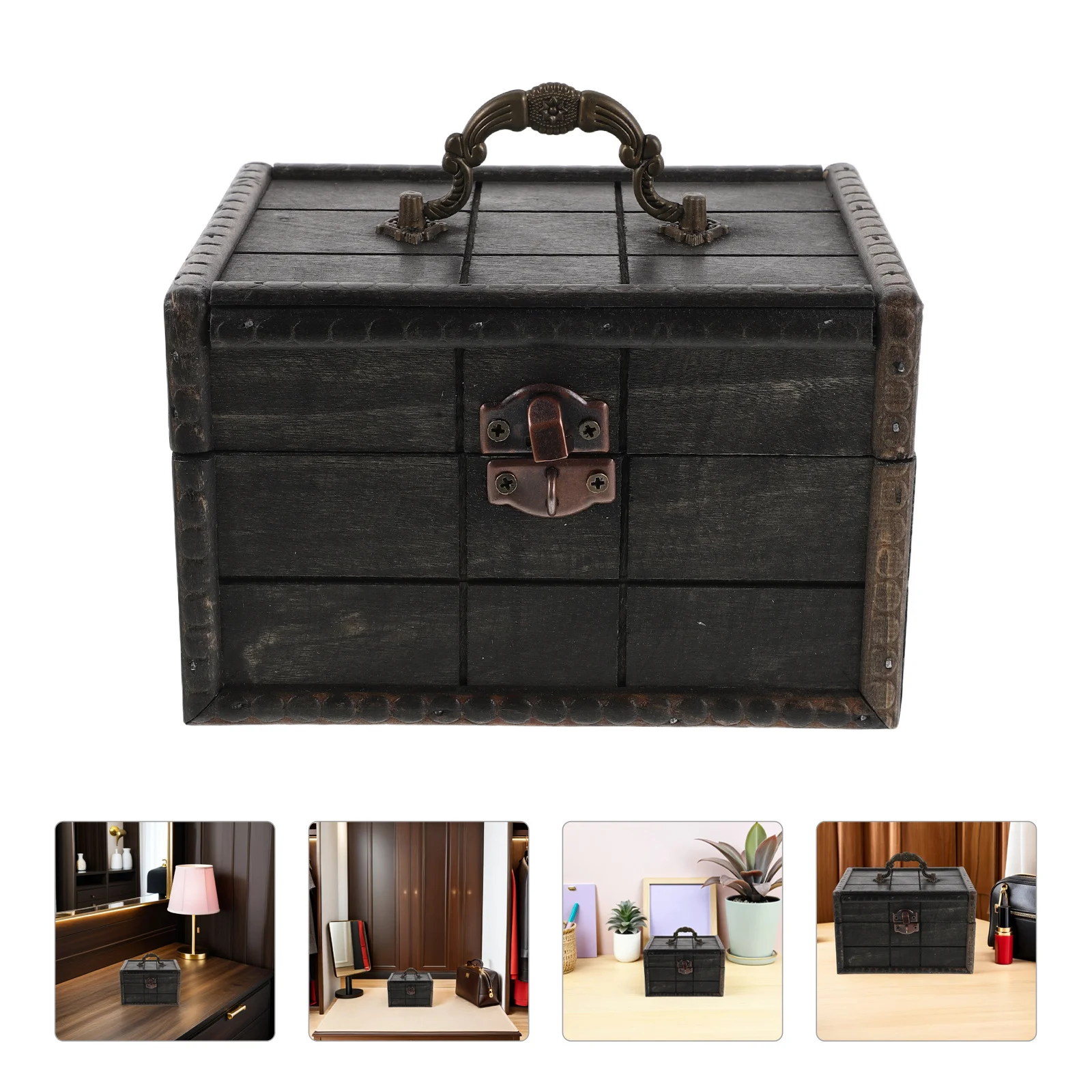 Caja de Almacenamiento de Joyas de Madera Retro, 6.29X4.72X3.93 Pulgadas, Organizador de Escritorio Vintage, Cofre del Tesoro con Cerradura para Decoración del Hogar, Porta Joyas