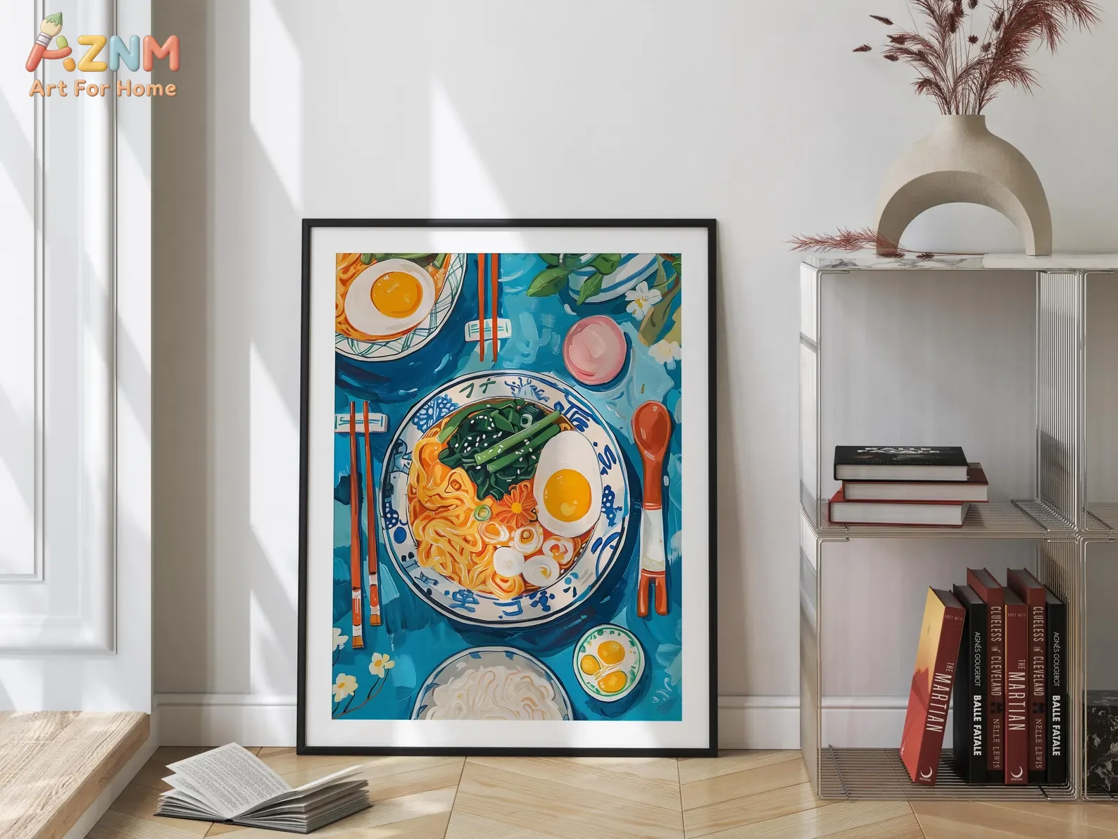 AZNM Japanese Ramen Canvas Wall Art, Colorful Food Print, Vibrant Noodle Bowl Painting for Kitchen Dining Room Decor