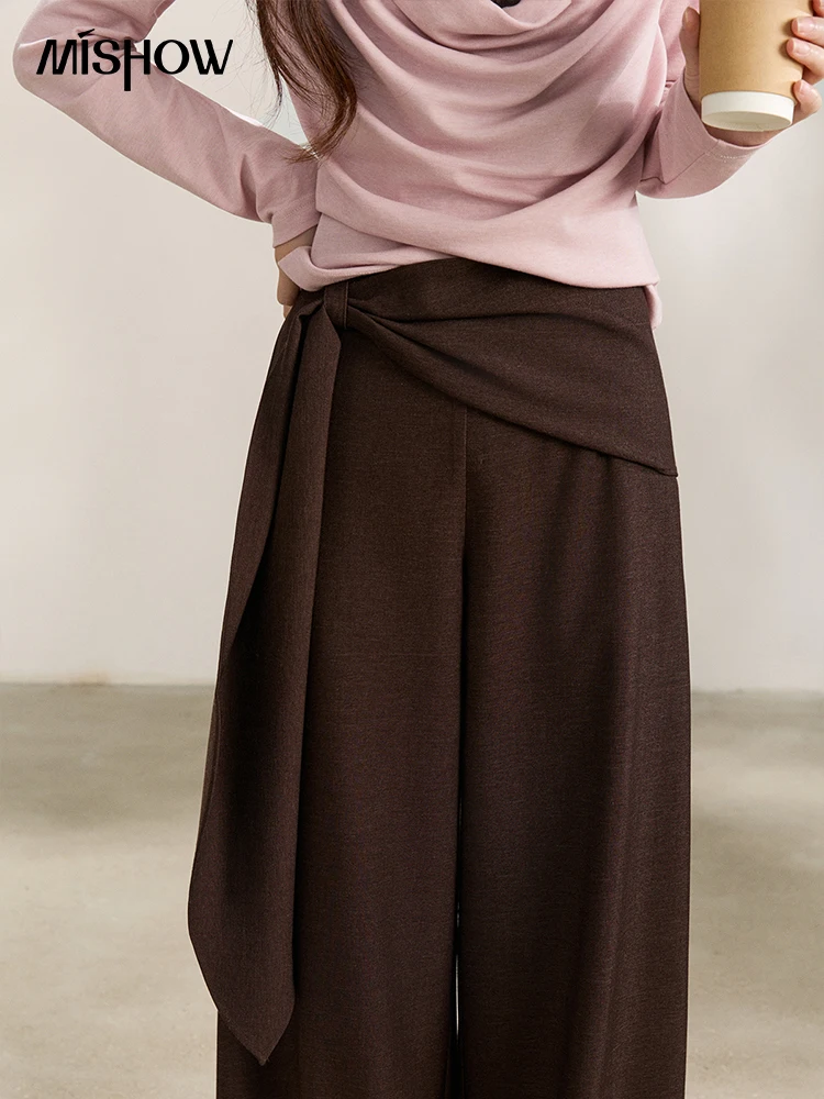 MISHOW Women's High Waist Wide Leg Pants 2026 Spring Tie Waist Wrap Design Casual Loose Brown Trousers Office Lady MXF14K1205