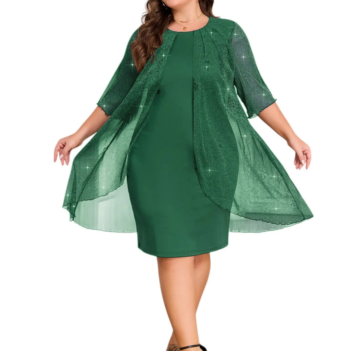 

Elegant Solid Color Mesh Fake Two-piece Knee Length Formal Plus Size Dress