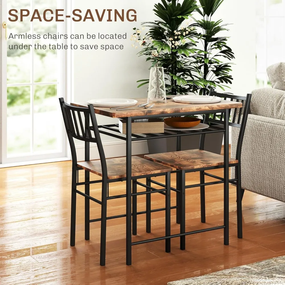 3-Piece Dining Table Set for 2, Small Kitchen Table and Chairs with Built-in Storage Rack and Steel Frame, for Breakfast Nook