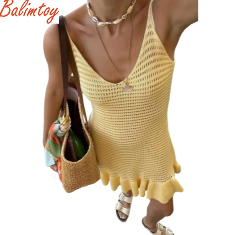 

Sexy Halter Neck Cotton Ruffle Hollow Knit Casual Holiday Beach Dress Women's 2025 Summer Short Sleeveless Party Mini Dress