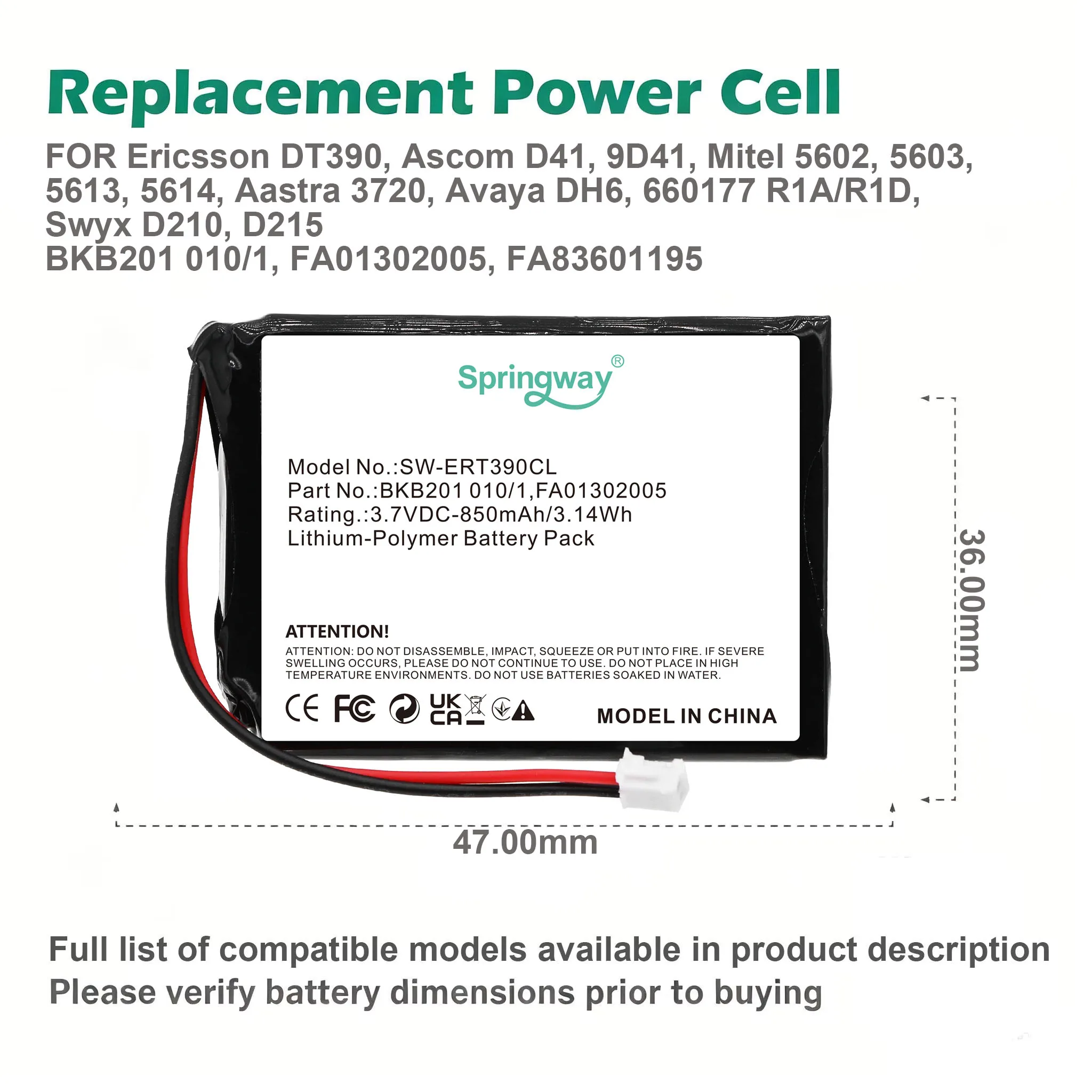 850mAh 3.7V Li-Po Battery SW-ERT390CL BKB201 FA01302005 For Ericsson DT390 Ascom D41 Mitel 5602 5613 Cordless Phone