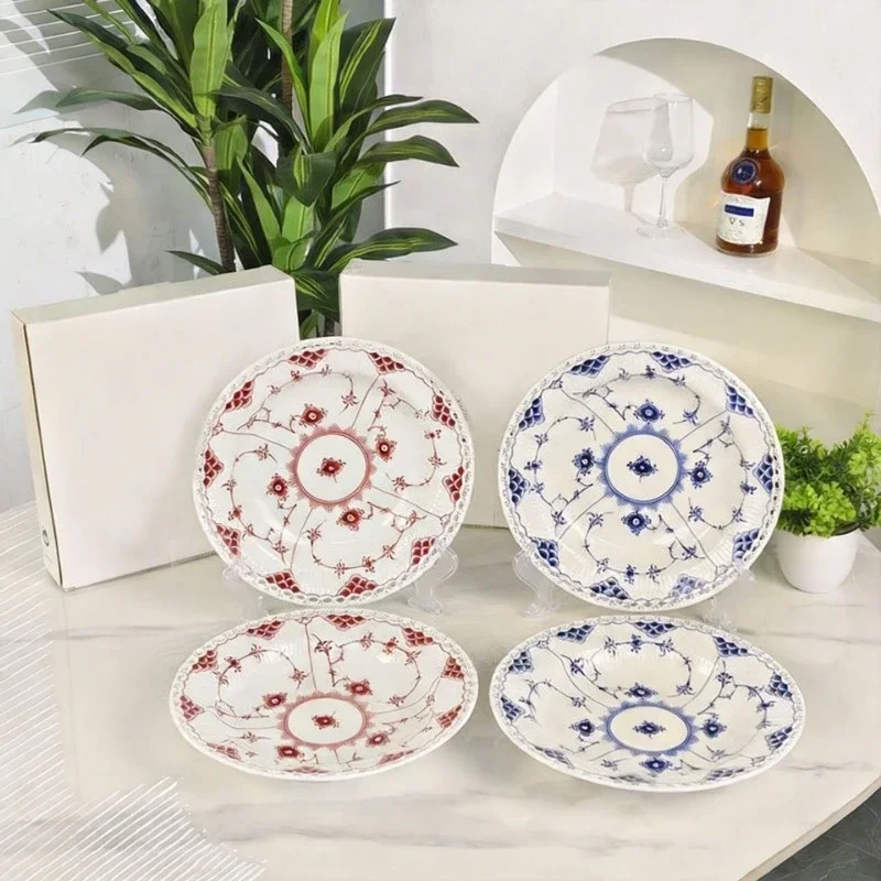 Exquisite Bone China 9-Inch Soup Plate Blue Flower Lace Ruby Red Lace Household Tableware Plate