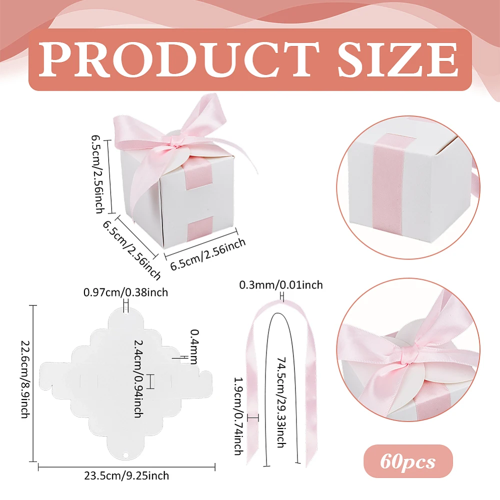 60Pcs Wedding Favor Boxes 2.6x2.6x2.6 Inch Wedding Party Gift Boxes with Pink Ribbon for Birthdays Parties Anniversaries