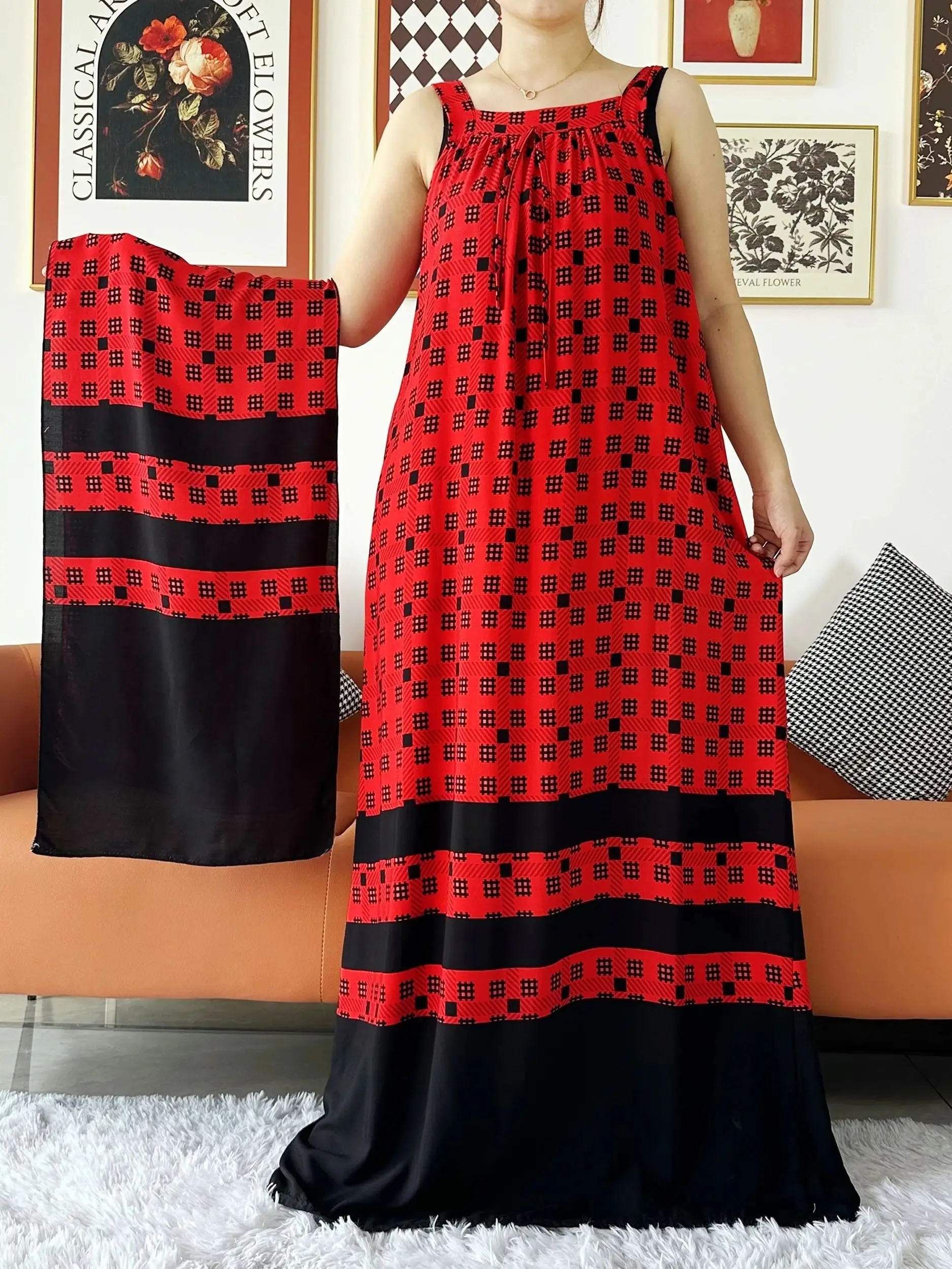 2024 New Women Cotton Summer Sleeveless Dress With Scarfs Under Dress African Dashiki Maxi Lady Robe Loose Kaftan Vestidos