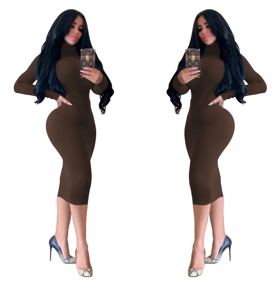Sexy Solid Dress Women Dresses Full Sleeve Turtleneck Sheath Thick Long Skirts Slim Bodycon Hip Dresses Elegant Autumn Vestidos