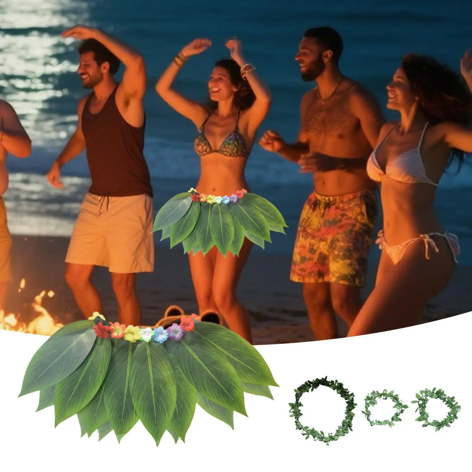 Costume hawaiano per donna Abito da erba hawaiana per ragazze Polsino tropicale Fascia per capelli Abiti realistici traspiranti per le vacanze