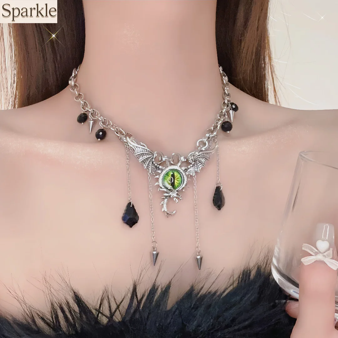 

Y2K Cool Dragon Green-Eyed Pendant Necklace for Women Tassel Chain Long Collarbone Demon Eyes Jewelry On Neck Girlfriend gift