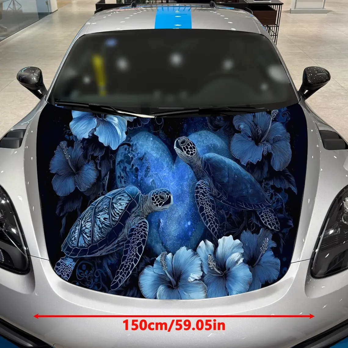 Starry Twin Turtles and Heart Light Effect Art Car Vinyl Wrap, PVC Material Waterproof Car Hood Sticker, Self-Adhesive Scratch-R
