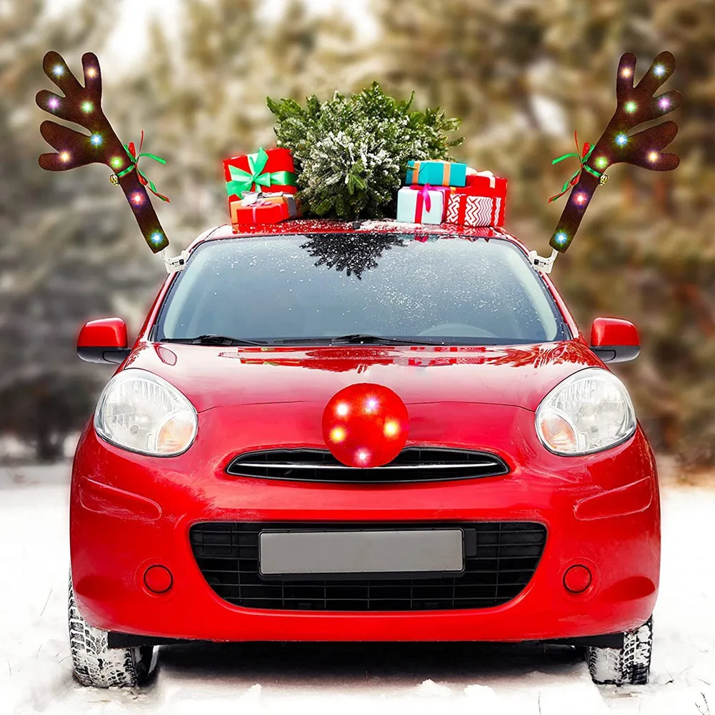 Car Reindeer Antlers,Antlers Car Kit with LED Lights,Reindeer Car Kit Antlers,Nose,Tail,Christmas Decorations for Car