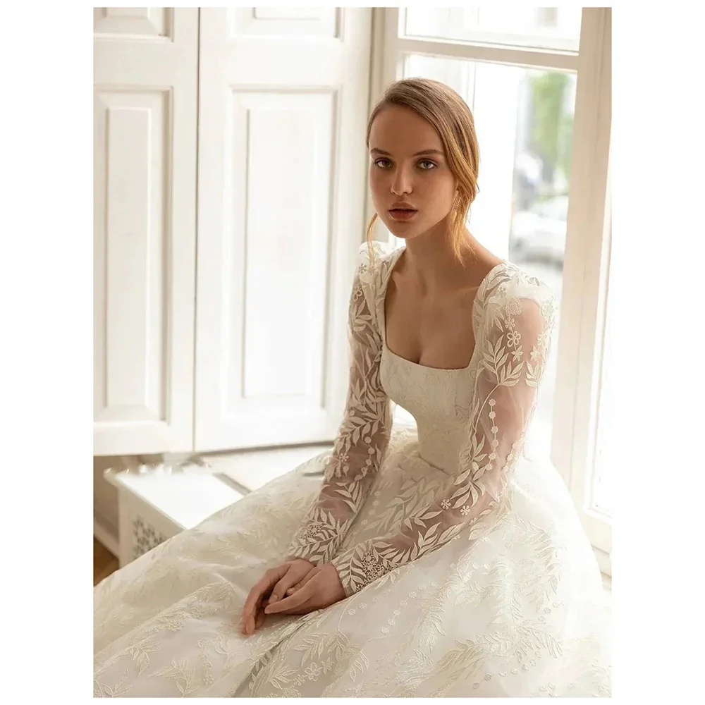 Flavinke customized Detachable Long Sleeve Lace Wedding Dresses 2025 Woman Ballgown Square Neck Bride Dresses Vestidos De Novia