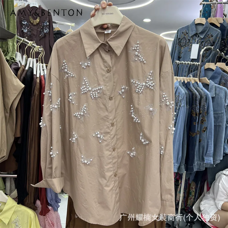 

New Fashion Beaded Butterfly Chic Design Shirt Loose Fit Casual All-match Ladies Long-sleeves Single-breasted Blouse For Ladies