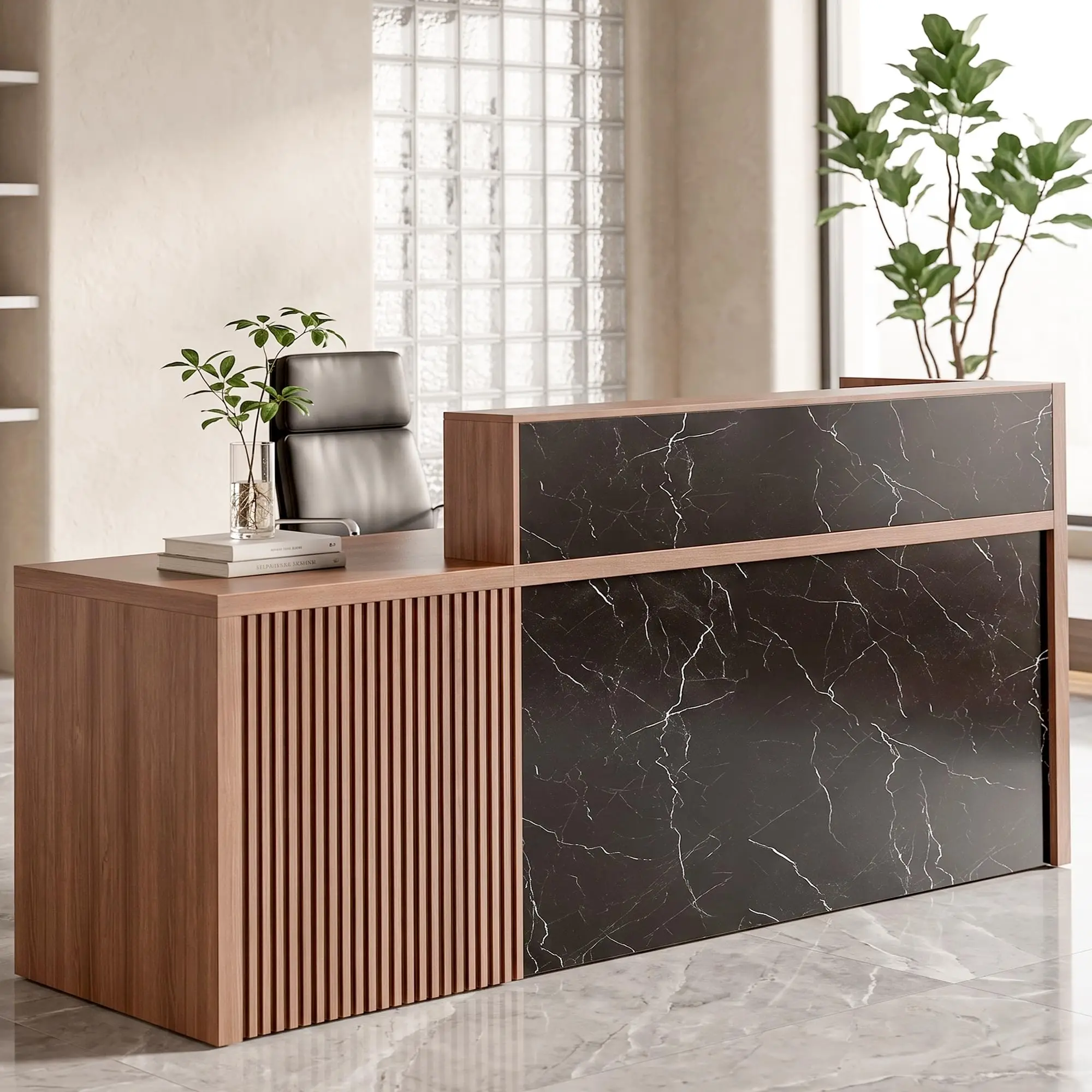L-Shaped Large Wooden Reception Desk, Modern Front Desk Reception Counter with Lockable Drawers & Storage & Keyboard
