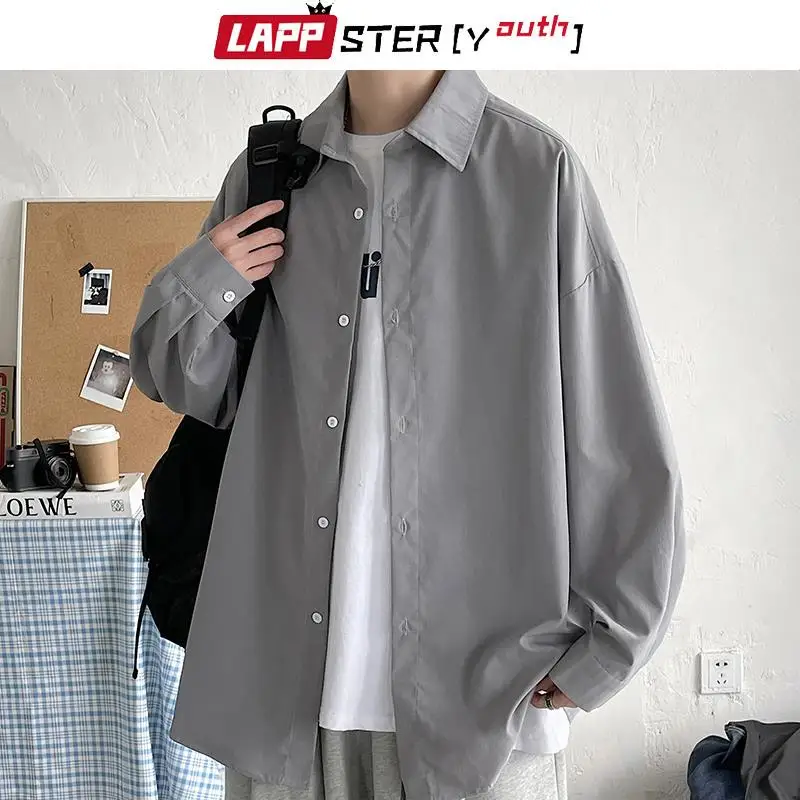 LAPPSTER-Youth Korean Fashion Black Long Sleeve Shirts 2023 Mens Harajuku Black Oversized Shirt Button Up Shirts Blouses 5XL image 3
