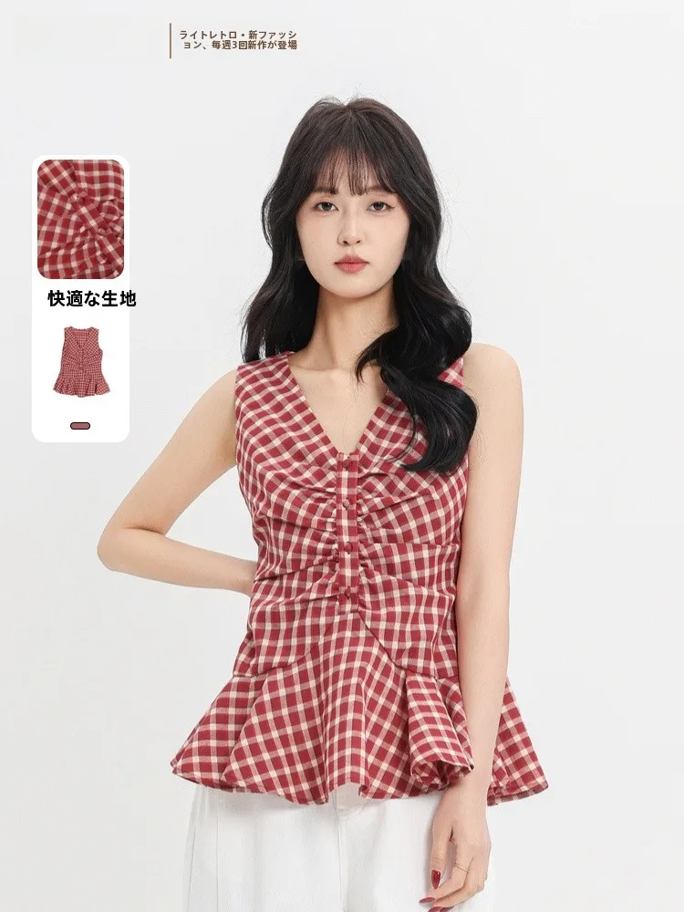 

Memory's Start Sleeveless V-Neck Plaid Pleated Summer New Arrival Red Checkered Folded Caplet 70GX15285 Women's Fashion Vest