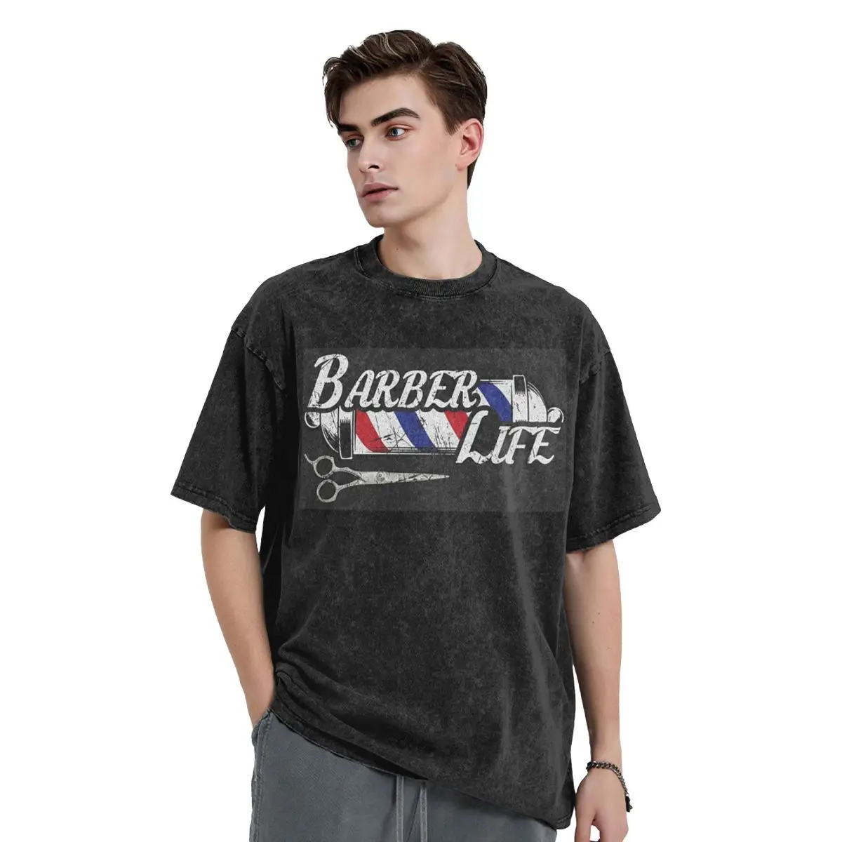 Barber Shop Sign Entrance Washed T Shirts Casual Short Sleeve Hip Hop T-Shirt Streetwear Tops Tees for Men Women