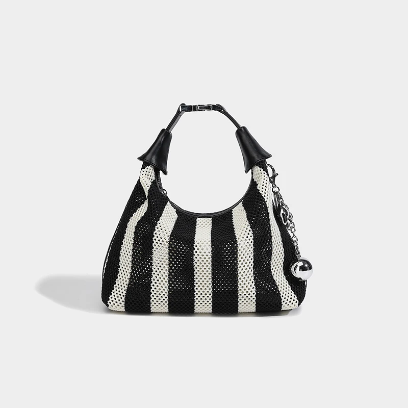 New Summer Woven Bag Black And White Striped Portable Lunch Box Bag Fashionable And Versatile Hollow Tote Bag Casual Armpit Bag