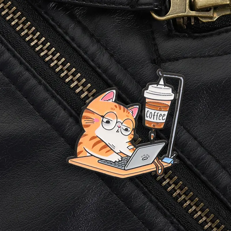 Orange Cat with Glasses Laptop Coffee IV Drip Enamel Pin Work Humor Brooch for Coffee Addicts and Cat Owners Daily Wear