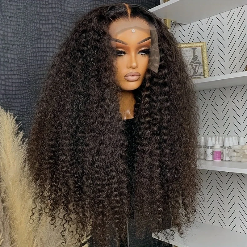 

Long Black Kinky Curly 26Inches Preplucked 180%Density Lace Front Wig With BabyHair Heat Temperature Glueless Daily