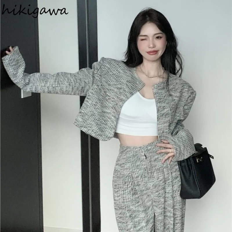 Pants Suit 2 Piece Sets Womens Outfits O-neck Cropped Coat High Waist Straight Wide Leg Pants Suit Casual Fashion Korean Set